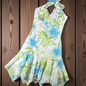 Trixxi Halter Dress M White Blue Floral Ruffle Sleeveless Summer Boho Shark Bite